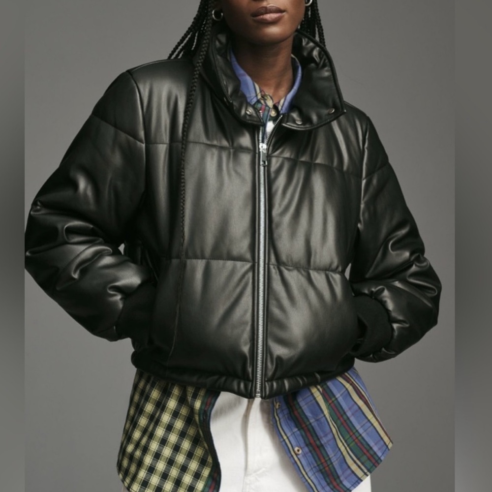 A By Anthropologie Black Faux Leather Puffer Jacket - Size Large Defect -Reemoly
